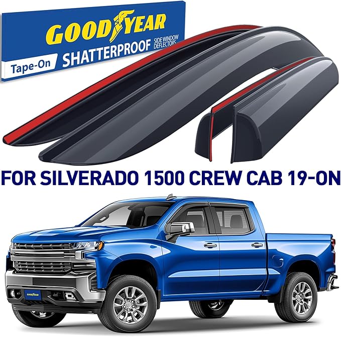 Goodyear Shatterproof Window Deflectors for Trucks Chevrolet (Chevy) Silverado/GMC Sierra 1500 2019-2026 Crew Cab, Tape-on Rain Guards, Vent Deflector, Vent Visor, Truck Accessories, 4pcs - GY008941