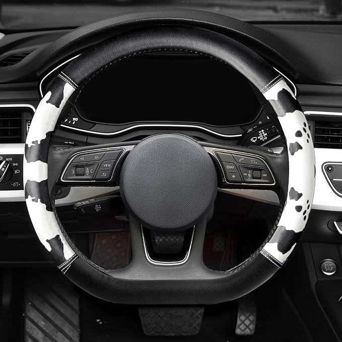 Cow Print Steering Wheel Cover, D Shaped Car Wheel Cover Microfiber Leather 14 1/2-15 in (37-39 cm)