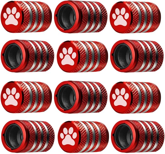 Tire Valve Stem Caps Cover - (12 Pack) Tire Air Caps Metal with Plastic Liner Corrosion Resistant Leak-Proof Dog Paw Print for Car Truck Motorcycle Bike Red
