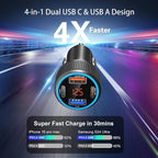 65W 4-Port USB C Super Fast Car Charger Type C for Samsung S26 S25 S24 Ultra A16 A17, iPhone 17/16e/16 Pro Max Dual 12V QC/PD 3.0 Fast Charging Cigarette Lighter Adapter with Voltmeter+2X USB C Cable