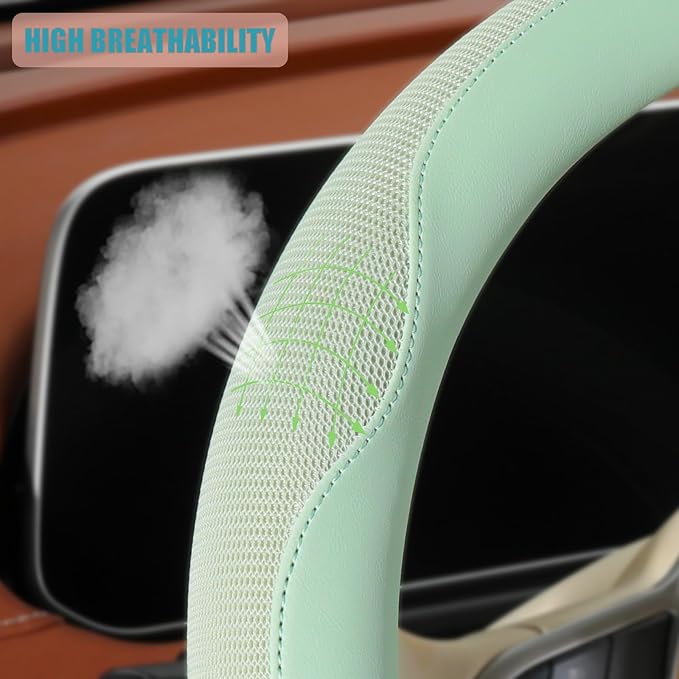 Nappa Leather Steering Wheel Cover, Advanced Microfiber Leather Non-Slip Breathable Fabric, Warm in Winter and Cool in Summer, Green Large 15.5 inch to 16 inch