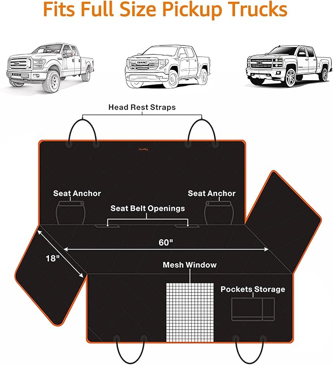 Dog Seat Cover for Pickup Trucks, 900D Heavy Duty Truck Back Seat Cover for Dogs, Waterproof & Non-Slip Pet Car Seat Cover, Fits Ford F150 F250 Ram 1500 GMC Sierra Chevy Silverado Crew Cab