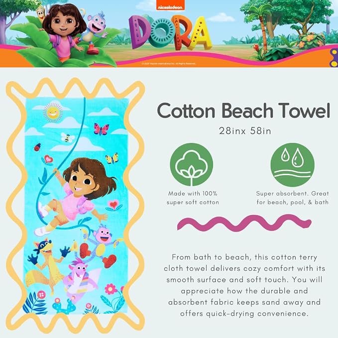 Dora The Explorer Kids Super Soft Cotton Bath/Pool/Beach Towel, 58 in x 28 in, (Offically Licensed Product) by
