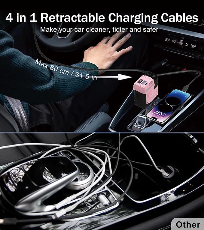 Retractable Car Charger, 4 in 1 Retractable Phone Charger with 66W Fast Charging, 2 Retractable Cables and 2 USB-C USB-A Por, Cute Girly Car Accessories for iPhone 17/16/15/14/13/12, Samsung, Pixel