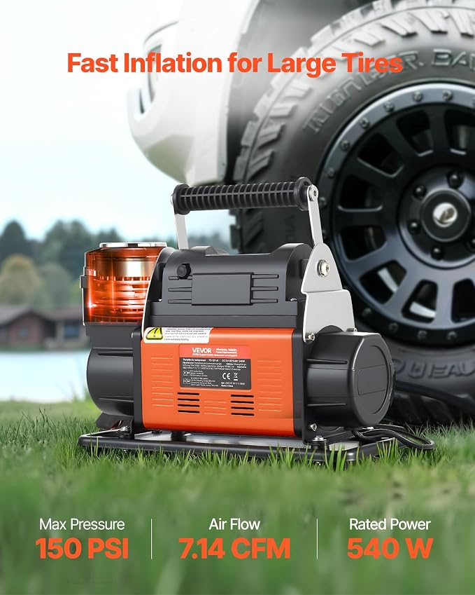 12V Heavy Duty Air Compressor, Auto-Stop Portable Tire Inflator with LCD Digital Display, 7.14 CFM 150PSI Offroad Air Pump with Adapters for Trucks Car SUV 4 x 4 Vehicle RV