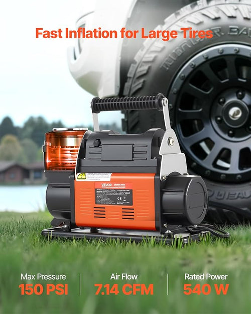 12V Heavy Duty Air Compressor, Auto-Stop Portable Tire Inflator with LCD Digital Display, 7.14 CFM 150PSI Offroad Air Pump with Adapters for Trucks Car SUV 4 x 4 Vehicle RV