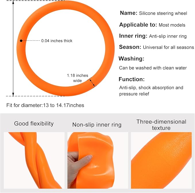 Car Steering Wheel Cover, 13 to 14.17 inches Anti-Slip Silicone Steering Wheel Protector, Soft Flexible Shock-Absorbent Steering Wheel Protective Cover for Most Car Models (Orange)