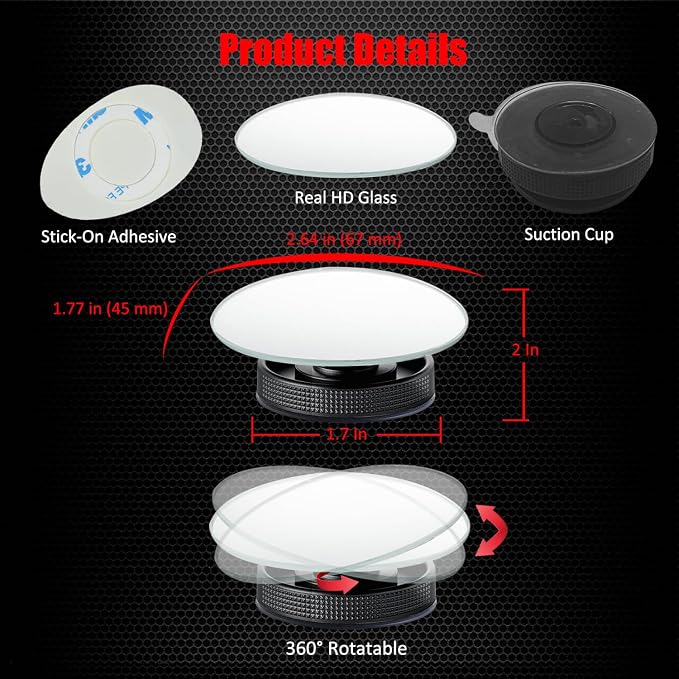 Suction Cup Blind Spot Mirror, HD Glass Frameless Removable Convex Wide Angle Rear View Mirror (Oval, Pack of 2)