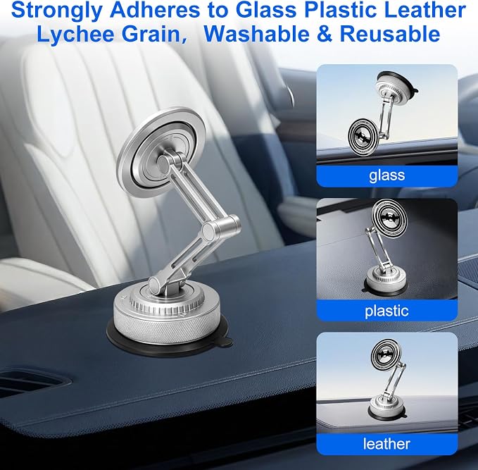 All-Metal Alloy Long Arm Magnetic Suction Cup Car Phone Mount(Silver) | Strong Powerful Magnetic Heavy-Duty Windshield Dash 360° Mechanical Rotation Cell Mobile Phone Vehicle Bracket for All Cars