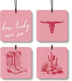 Dusty Pink Boho Western Orange Car Air Freshener 4 Pcs, Cow Skull Cactus Cowgirl Boots Square Hanging Air Freshener for Closet Drawer Books, Western Car Accessories Mirror Decor for Women