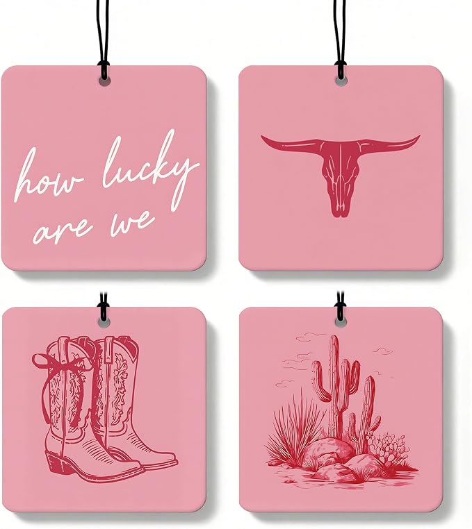 Dusty Pink Boho Western Orange Car Air Freshener 4 Pcs, Cow Skull Cactus Cowgirl Boots Square Hanging Air Freshener for Closet Drawer Books, Western Car Accessories Mirror Decor for Women