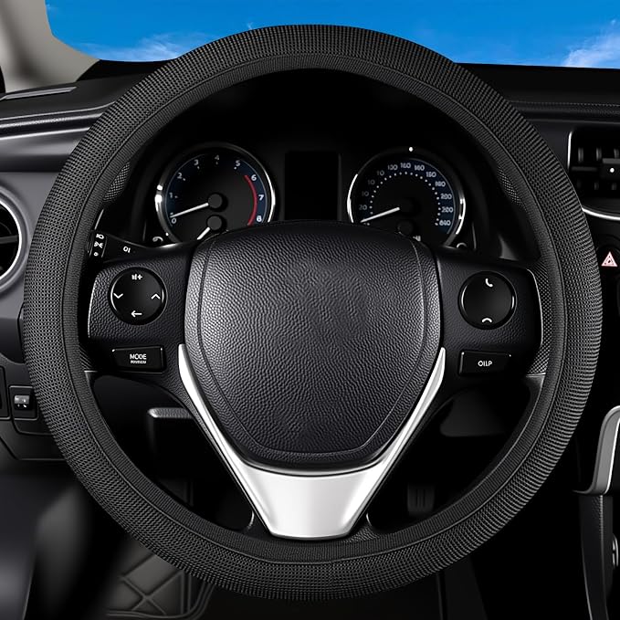 Black Mesh Steering Wheel Cover, Universal 15 inch, Elastic Stretch Microfiber Breathable Ice Silk Cover, Anti-Slip, Odorless, Sweat Absorption, Warm in Winter and Cool in Summer