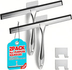 2pcs Shower Squeegee for Glass Doors with Adhesive Hanging Hook Set | 12” silver, bathroom accessories, window cleaner, new home essentials, soft rubber blade, metal handle, ergonomic grip
