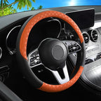 Car Leather Steering Wheel Cover - Panapi Material, Universal 14.5-15 Inch Leather Anti-Slip Breathable Auto Steering Wheel Covers for Men Women (Chessboard-Orange)