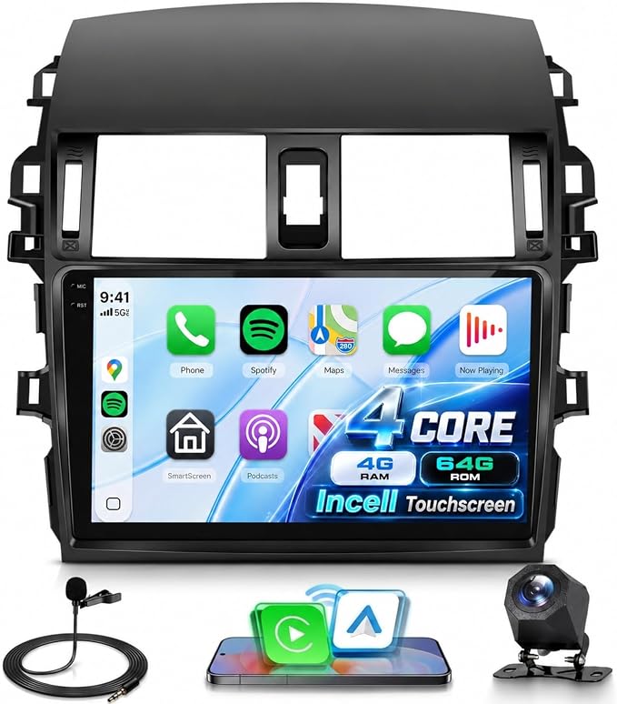 Android 15 Car Stereo for Toyota Corolla 2009-2013, 4G+64G Car Radio with Wireless Carplay Android Auto, 9'' in-Cell Screen Head Unit GPS/Bluetooth 5.0/FM RDS/32EQ/5G-WiFi Backup Camera SWC