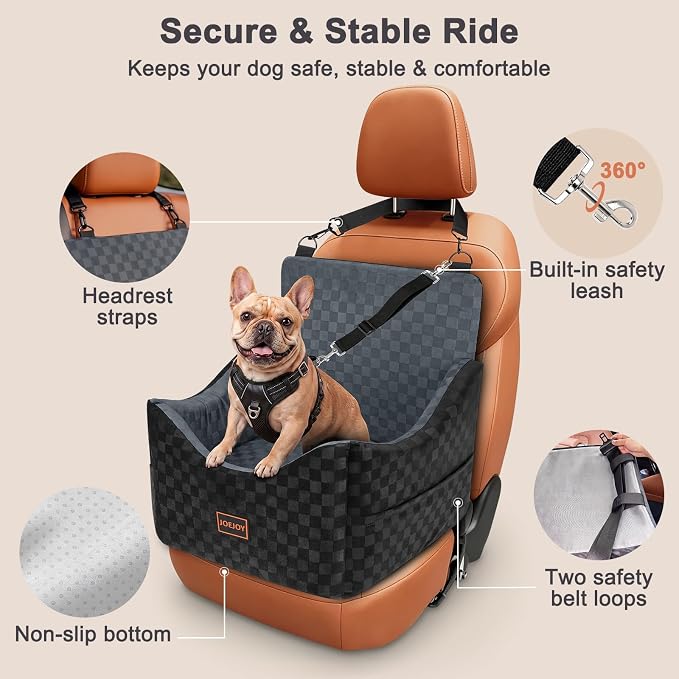 Elevated Dog Car Seat for Small/Medium Dogs up to 35 lbs, Memory Foam Booster Seat with Detachable Washable Cover, Travel-Safe Car Bed with Safety Belts & Storage Pockets, Dark Grey