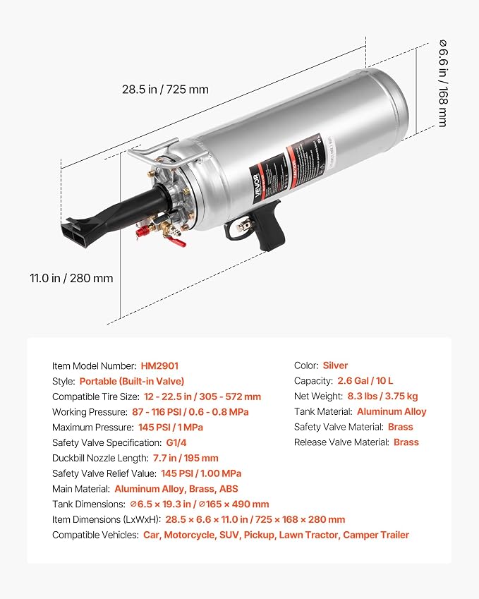 Portable Tire Bead Seater, 2.6 Gal/10 L Air Bead Blaster, Handheld Tire Inflator Tool, 87-116 PSI Operating Pressure, Trigger Seating Inflator for Car, Compact SUV, Light Truck, E-Bike, RV, ATV