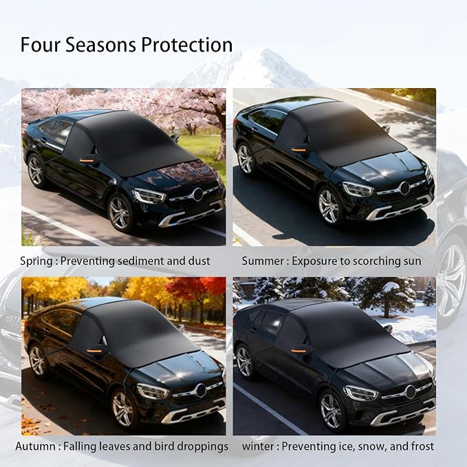 Windshield Cover for Ice and Snow, Winter Summer Sunshade with Thickened 600D Oxford Fabric, Universal Car Frost Shield Snow Cover Windshield Protector Yellow Earmuffs with Four Straps