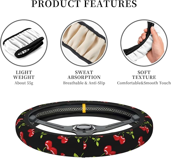 Cherry Hearts Red 3-Pc Car Set :Steering Wheel Cover + 2 Pc Car Coasters | neoprene Non-Slip Breathable Elasticity Universal for 14-15 Inch Car for Men Women