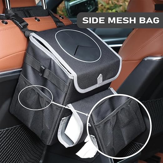 Car Trash Can with Lid,Bag Hanging Storage Pockets,Adjustable Tissue Holder & Straps,Portable Waterproof Garbage Bin, 1.98 Gal Large Capacity Multipurpose Bin