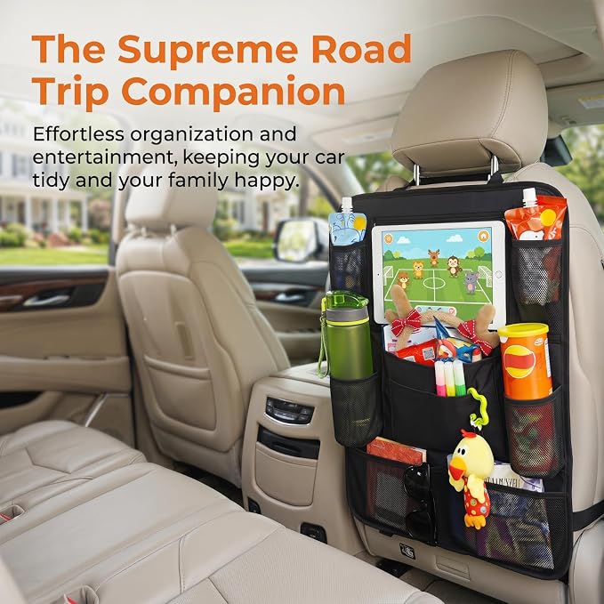 Car Backseat Organizer with 10" Tablet Holder, Seat Back Protectors Kick Mats for Kids Toddlers, Large Storage Pockets Travel Accessories for SUV Minivan Airplan 2 Pack