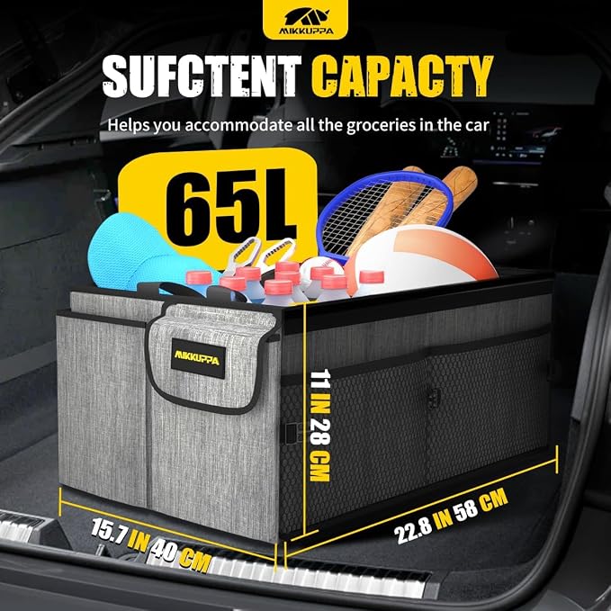 Car Trunk Organizer - 65L Collapsible Trunk Organizer with Lid, Sturdy Car Storage for SUV Auto Truck Van with Adjustable Straps and Non Slip Bottom (Gray)