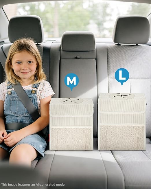 Corduroy Car Trash Can with Lid and Mesh Pockets - Leakproof Organizer,Multipurpose Waterproof Garbage Can/Trash Bin for Car(Off-White-3 Gallons)