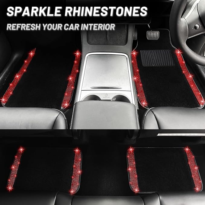 12 Pcs Bling Car Accessories Set for Women Car Floor Mats Full Set Steering Wheel Cover Seat Belt Covers Coasters Universal Fit Car SUV Truck Van Red