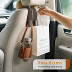 Car Seat Headrest Hooks - 4 Pack Universal Car Purse Hook, Leather Car Bag Purse Holder with Double Metal Hooks for Handbags, Grocery Bags, Bottles, Phones, Brown