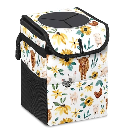 Car Trash Can with Lid Boho Floral Highland Cow Pig Collapsible Reusable Leak-Proof Auto Garage Bag,Hanging Vehicle Car Accessories Interior Car Organizer