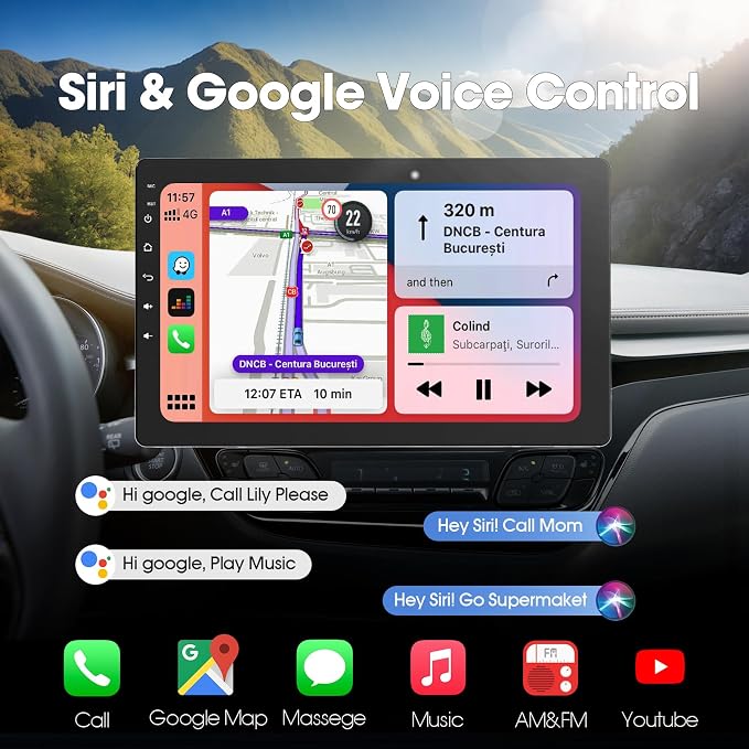 10.1 inch Single Din Car Stereo, Rotatable Touch Screen Radio with Wireless Apple CarPlay & Android Auto, Backup Camera, Mirror Link, SWC, GPS, Voice Control, Bluetooth, WiFi