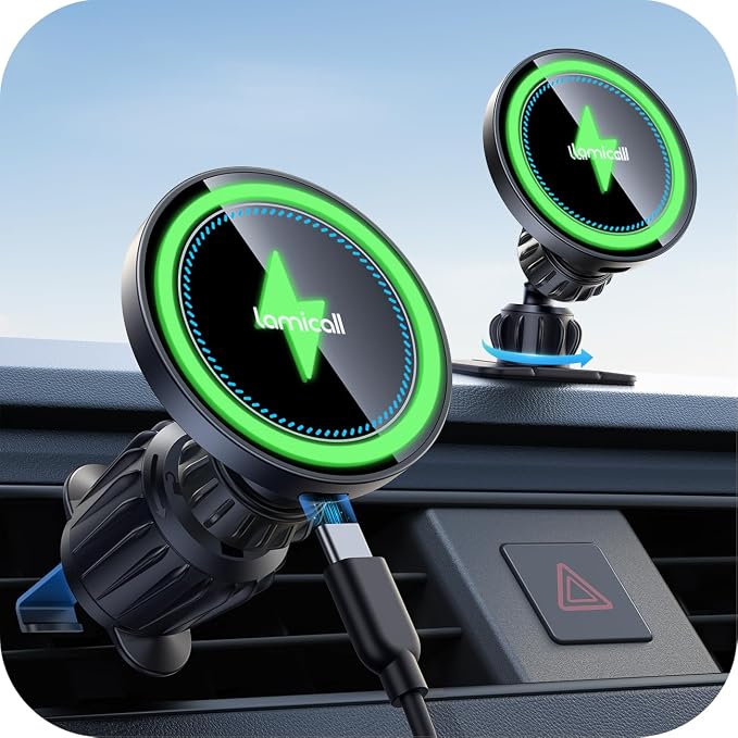 15W for MagSafe Car Mount Charger - [20X Strong Magnets] Wireless Car Phone Holder Charger, Magnetic Phone Holders for Car Vent Dash Accessories for Women Men for iPhone 17 Pro Max Black