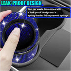 Bling Car Trash Can with Lid, Rhinestone Leakproof Waterproof Auto Cup Holder Garbage Bin, Portable Multipurpose Vehicle Dustbin and Organizer for Home Office Kitchen Bedroom (Blue)