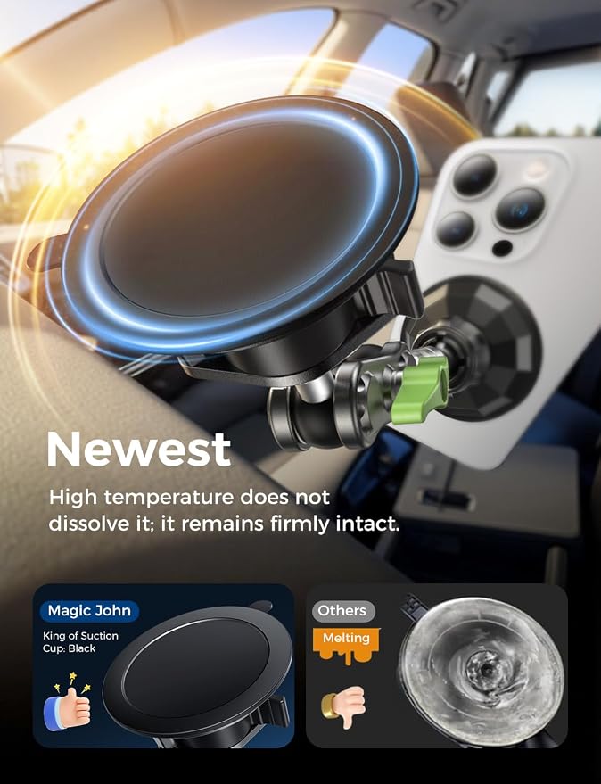 Magnetic Car Phone Holder [Strong Suction&Strong Magnetic] 360° Adjustable Car Phone Mount for Windshield, Ultra-Durable Metal, Suction Cup Car Phone Mount for iPhone Samsung All Smartphone