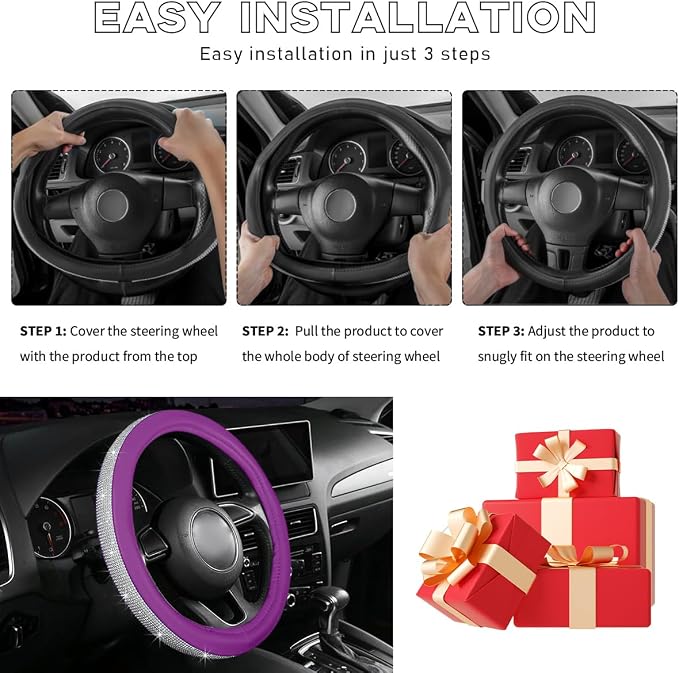 Steering Wheel Cover, Bling Crystal Rhinestones Auto Wheel Protector, Sparkly Cover Universal Fit Diverse 14.5-15 inch Steering Wheel, Interior Decor Car Accessories (White+Purple)