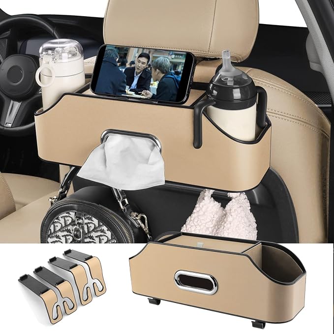 Car Back Seat Organizer with 2 Drink Cup Holder - Tissue Box and Storage Box Hook - Multi-functional Storage - Great for Kids and Travel (Beige)