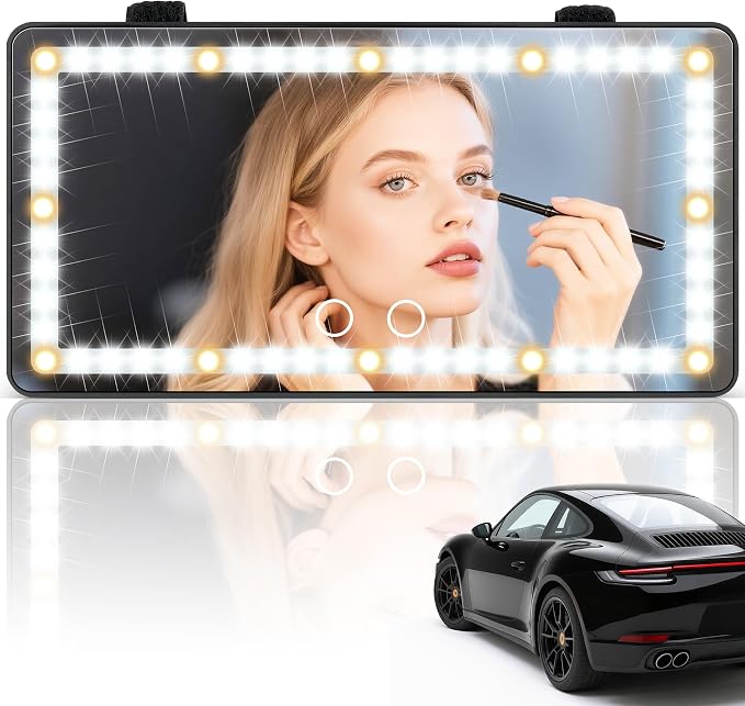 Car Sun Visor Vanity Mirror - Rechargeable Makeup Mirror with 60 LEDs, 3 Light Modes & Dimmable Touch Control for Cars, Trucks, SUVs, Car Interior Accessories for Women (Black)
