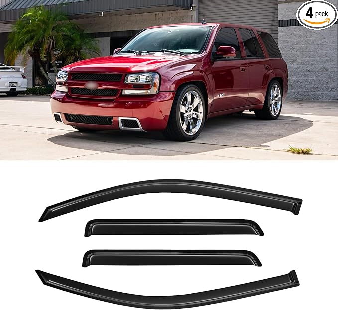 Window Visors for 2002-2009 Chevy(Chevrolet) Trailblazer, Rain Guards Shields Vent Deflector Shade Dark Smoke 2003 2004 2005 2006 2007 2008 02 03 04 05 06 07 08 09, Tape-On, 4PCS