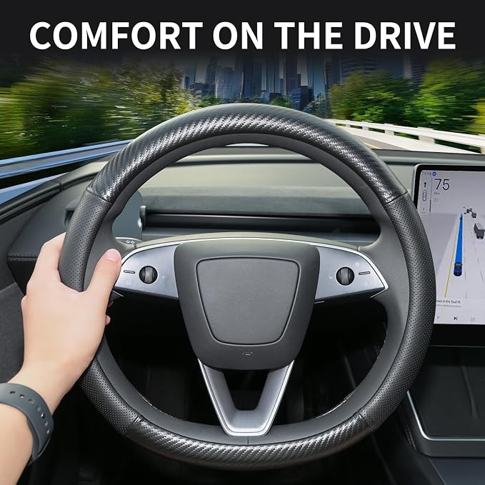 Carbon Fiber Leather Steering Wheel Cover for Tesla Model 3/Y 2016-2025 2026 Juniper/Highland, Non-Slip Breathable Steering Wheel Protector for Tesla Model 3/Y Accessories 2026