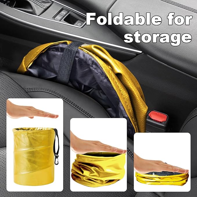 Collapsible Trash Can Car Garbage Bag - Leather Pop-up Car Trash Bin with Elastic Band - Hanging Foldable Garbage Can Vehicle Waste Basket Bin - Double-Layer Washable Bag for Cars Camping (Gold)