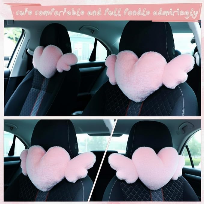 2 Pcs Plush Heart Shaped Pillow with Angel Wings Car Headrest Soft Comfortable Seat Pillow for Driving Travelling Room Office Car Decor, 19.7 x 8.3 Inch(Pink)