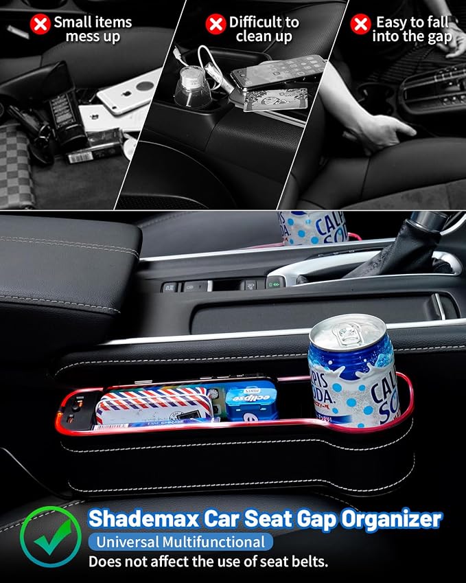 LED Car Seat Gap Filler Organizer Console Side Storage Box Between Seats with Cup Holders RGB Color Changing Storage Front Seat Gap Filler with USB Charging Car Interior Accessories (2 Pack)