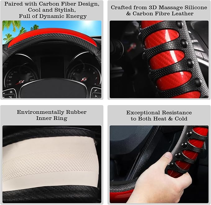 Car Leather Steering Wheel Cover - Carbon Fibre Material, Universal 14.5-15 Inch Leather Anti-Slip Breathable Auto Steering Wheel Covers for Men Women (3D Massage - Sports Red)