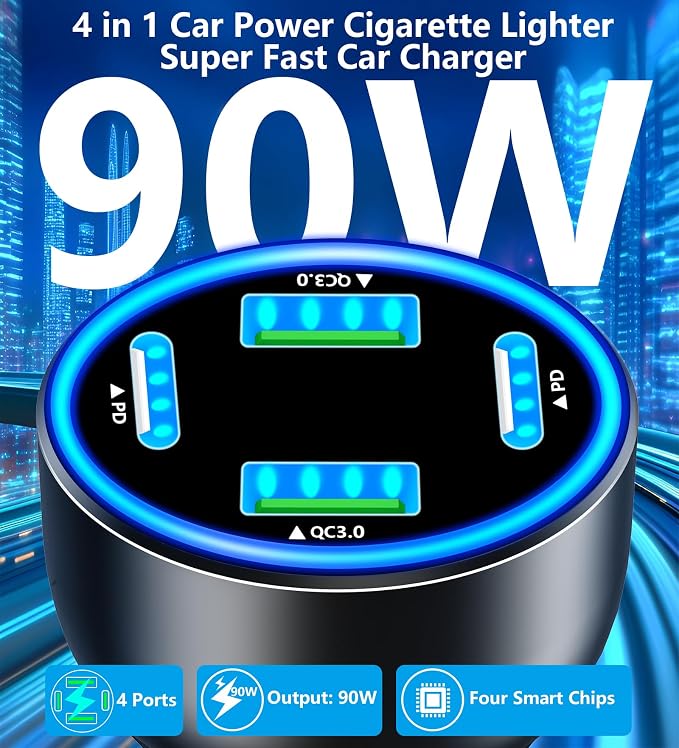 USB C Car Charger, 4-Port 90W Dual USB-C + USB-A Car Power Adapter, 4 in 1 PD/QC Type-C Fast Car Charging Cigarette Lighter for iPhone 17 17 Pro Max 16 15 14 13 12 11/Galaxy S25 S26/Pixel/iPad