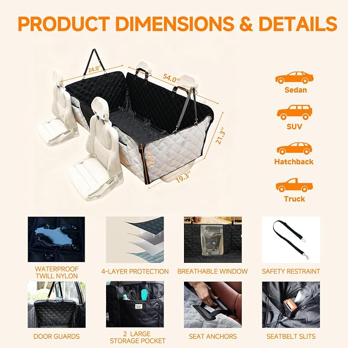 Premium Dog Car Cover for Back Seat, Waterproof Reversible Dog Hammock for Backseat Non-slip Pet Cover for Dogs with Mesh Window, Anti Scratch Seat Protector Universal Fit for Cars SUVs Trucks