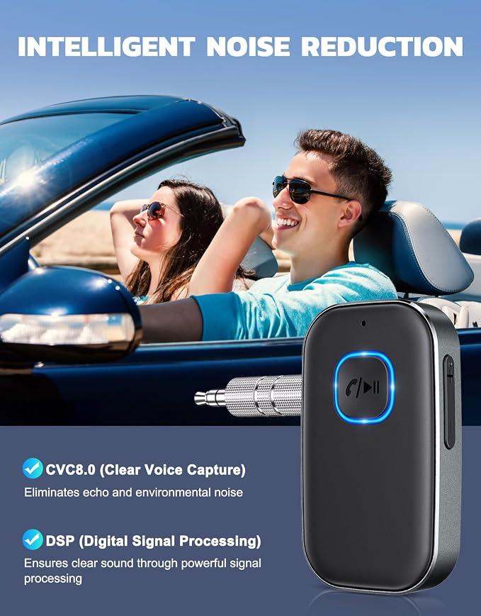 Bluetooth Receiver for Car, Noise Cancelling 3.5mm AUX Bluetooth Car Adapter, Wireless Audio Receiver for Home Stereo/Wired Headphones, Hands-Free Call, 16H Battery Life - Dark Gray