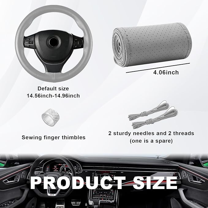 Genuine Leather Steering Wheel Cover, Stitch on Wrap, Breathable Anti-Slip Car Steering Wheel Protector for Max Diameter 15 Inch, DIY Sewing with Needles Thread (Gray, Hole)