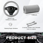 Genuine Leather Steering Wheel Cover, Stitch on Wrap, Breathable Anti-Slip Car Steering Wheel Protector for Max Diameter 15 Inch, DIY Sewing with Needles Thread (Gray, Hole)