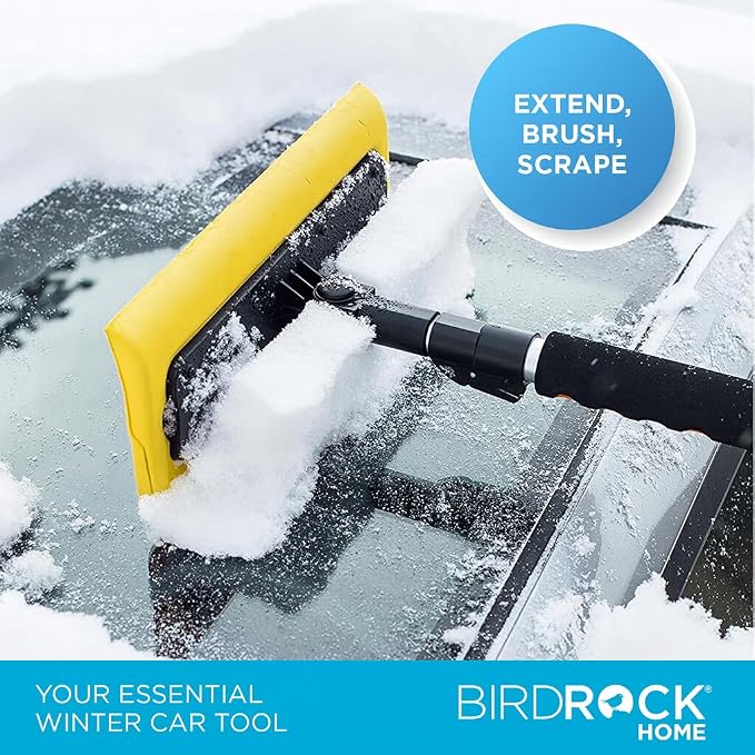 55" Extendable Snow Brush & Ice Scraper for Car Windshield - Long Aluminum Grip for Truck, SUV - 14" Foam Head - Safe on Auto & Windows - Wide Frost Remover - Yellow