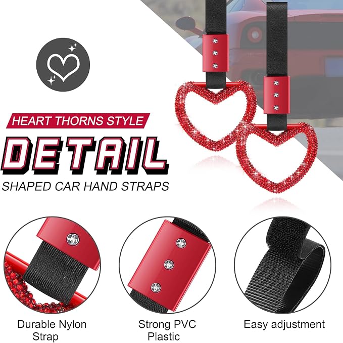 Bling Car Accessories Bling Heart Handle Ring Car Accessory for Women Hand Strap Drift Charm Rear Bumper Warning Ring Decor for Auto Bus Interior Exterior Decoration (Red, Heart Style)